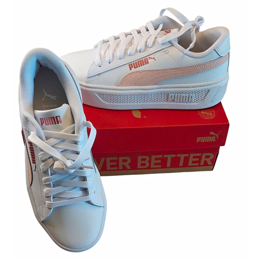 PUMA Smash Platform v3 Maze Womens Low Top Leather Lace Up Sneaker White Pink 7